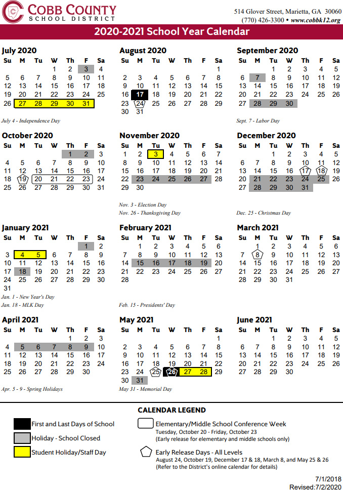 Cobb County School Calendar 2020 2021 Marietta Com