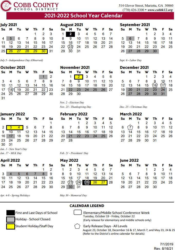 Cobb County Calendar 2022 Cobb County School Calendar 2021-2022 | Marietta.com