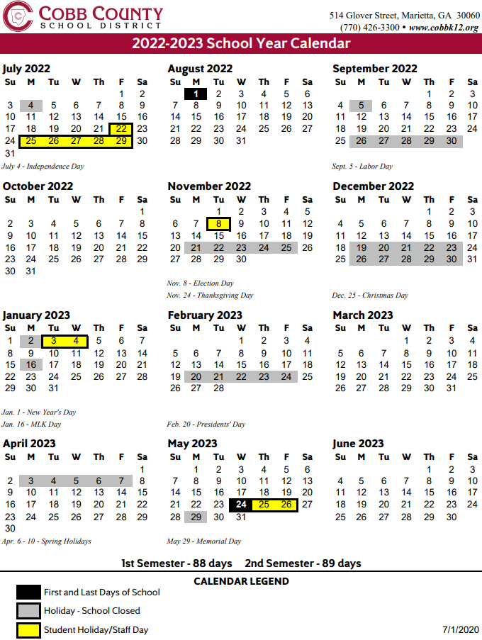 Chattahoochee Tech Calendar 2022 Cobb County School Calendar 2022-2023 | Marietta.com