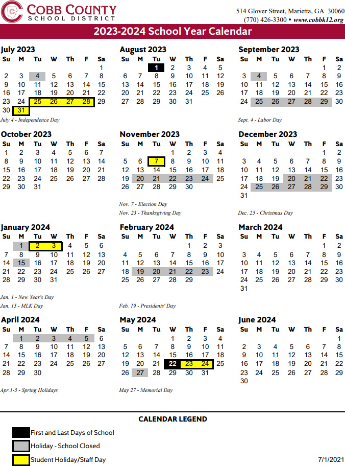 Cobb County School Calendar 2023 2024 Marietta