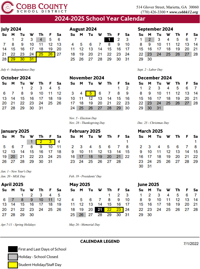 Cobb County School Calendar 20242025