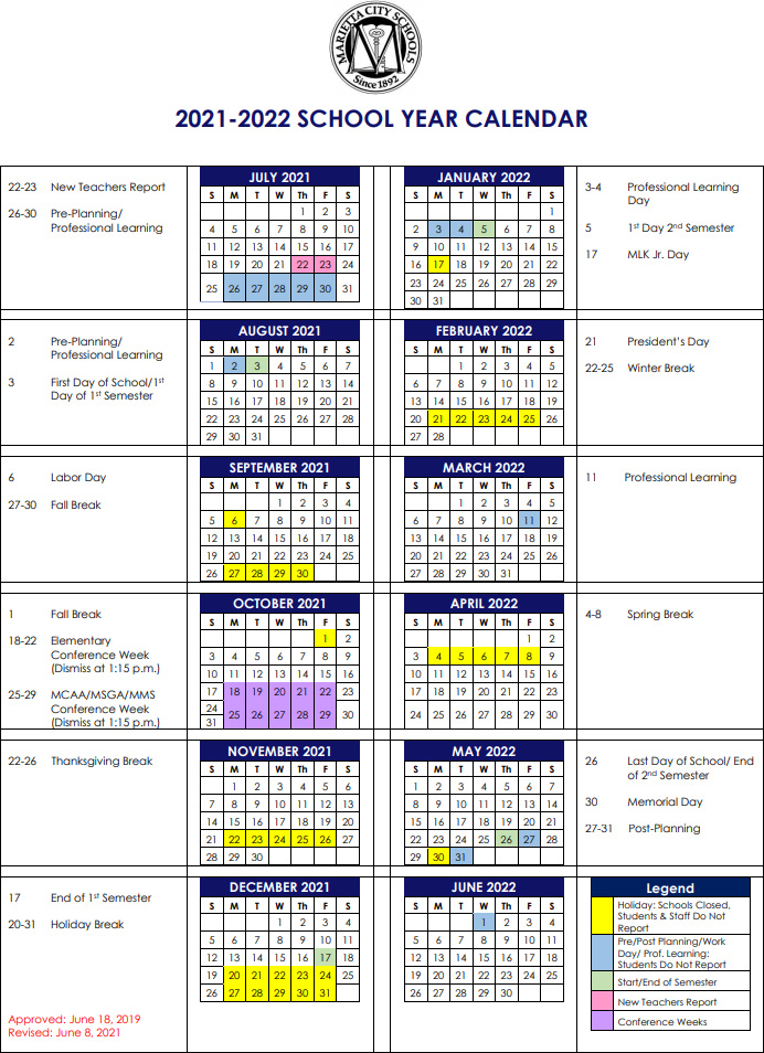 City Tech Summer 2022 Calendar Marietta City School Calendar 2021-2022 | Marietta.com