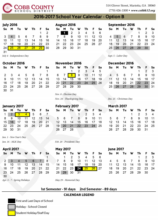 Cobb County School Calendar 2016 2017 Marietta Cobb County School Calendar 2016 2017 Marietta