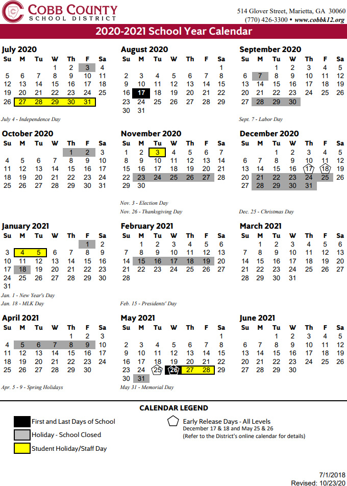 Cobb County School Calendar 2020 2021 Marietta