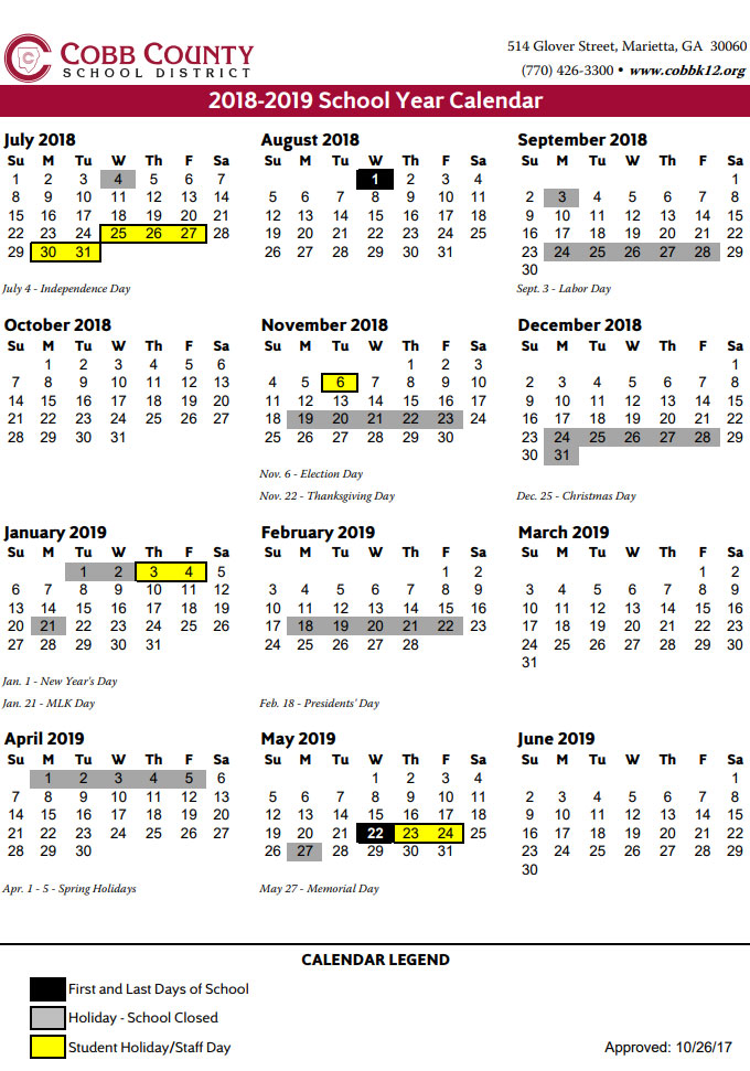 Cobb County School Calendar 2018-2019 | Marietta.com Cobb County School Calendar 2018-2019 | Marietta.com